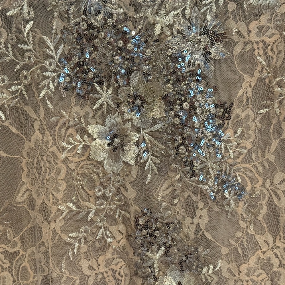 NWT Mac Duggal Embellished V-Neck Illusion Long Sleeve Gown Taupe Size 10 - Picture 6 of 12